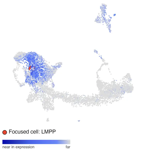 Distance to a clicked LMPP: most progenitors blue.