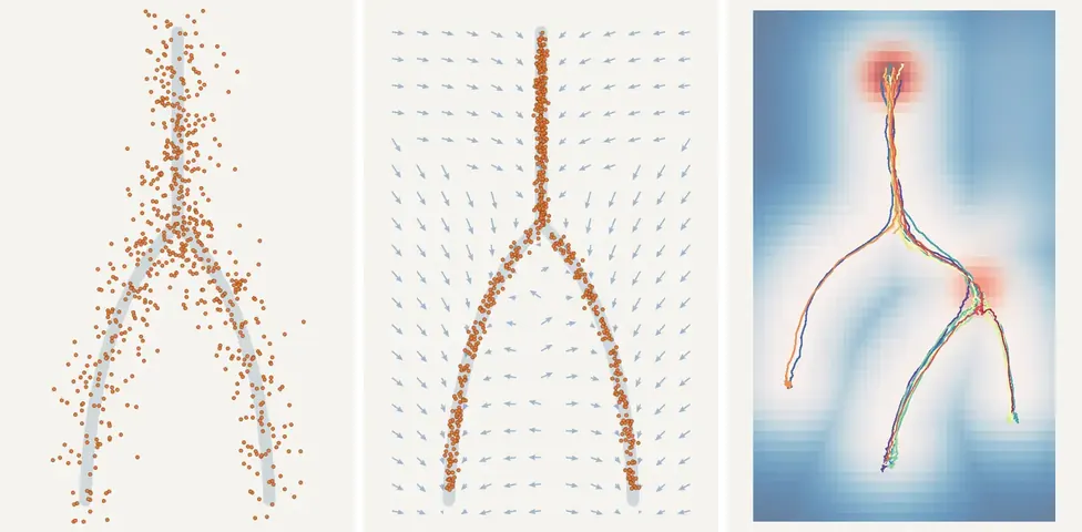 Three panels of synthetic cells on a branching tree of states: cells spread away from the tree, cells held close to it, and cell lineages that divide and are lost along it.