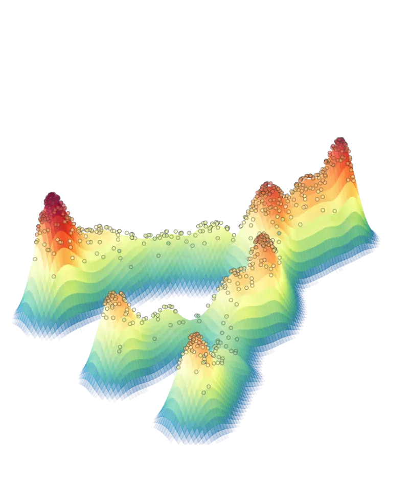 Synthetic cells along a branching tree of cell states, with their density drawn as a surface that rises where cells accumulate.