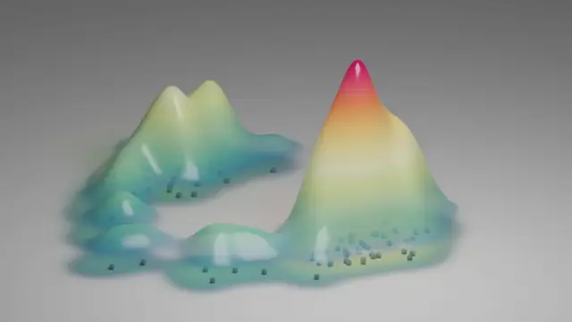 A smooth surface whose height is cell-state density, with cells as dots; the tallest peak is where most cells sit.