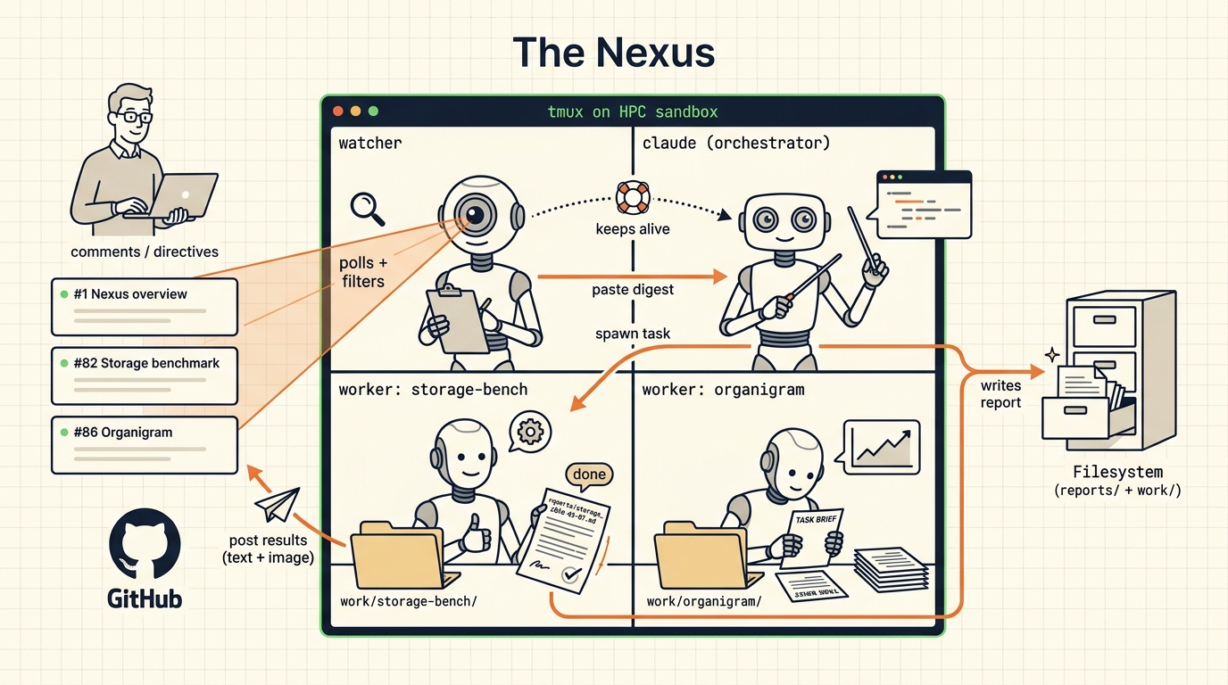 Nexus organigram — watcher, orchestrator, and workers cooperating in one tmux session; the operator reads and replies through GitHub issues